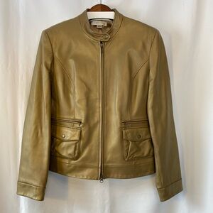 Women's 100% Genuine Leather Metallic Gold Bomber Moto Jacket Vintage Size LG